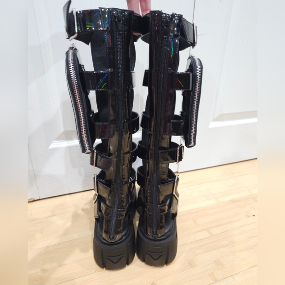 Dolls kill Holographic Oil slick black Club Exx Stage Diver Gladiator Sandals 9 - Picture 2 of 16